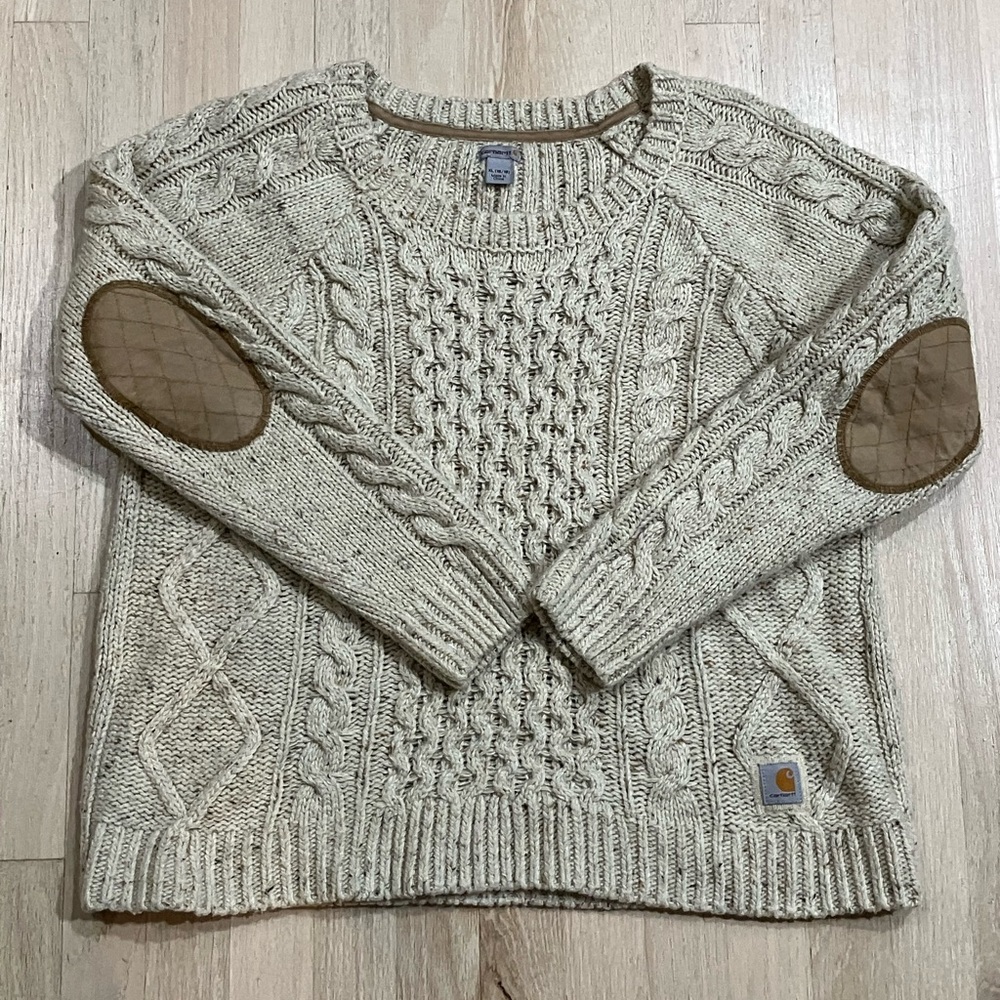 Carhartt cable knit cream sweater with patch elbows size XL